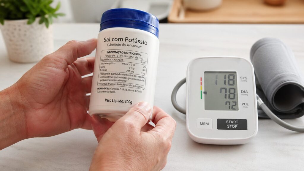 Rótulo de sal com potássio sendo conferido antes do uso.