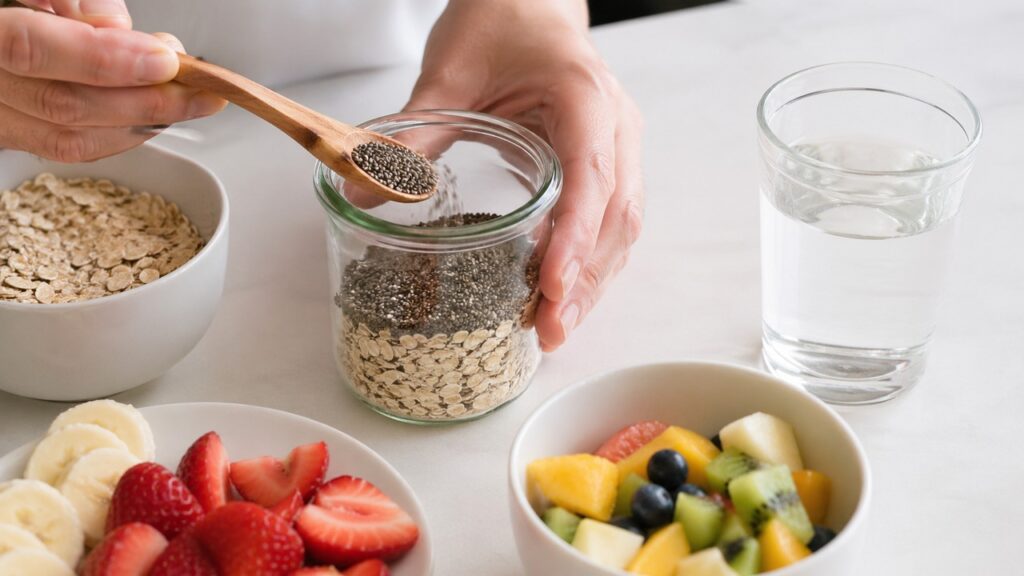Fibras sendo adicionadas de forma gradual a uma rotina alimentar simples.