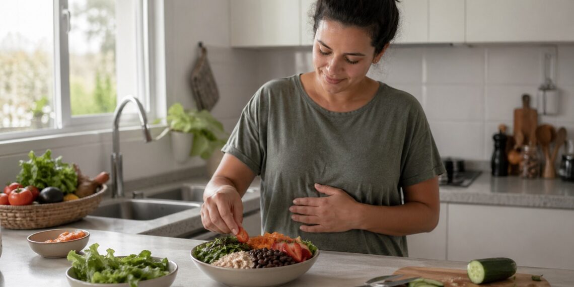 Alimentos ricos em fibras sendo preparados para apoiar a microbiota intestinal.