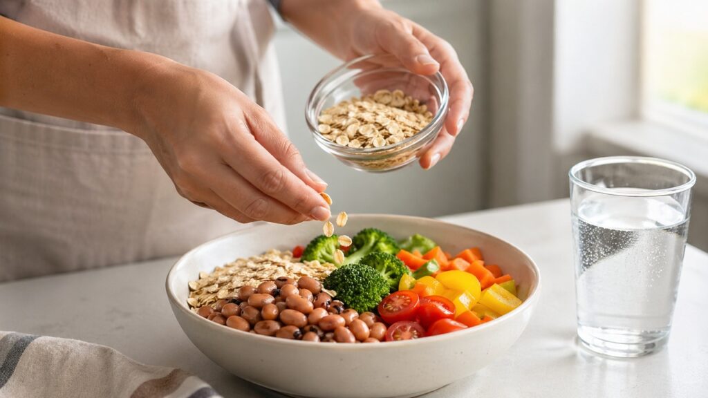 Tigela com alimentos variados para favorecer um intestino mais equilibrado.