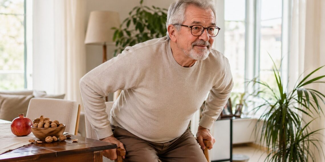 Pessoa mais velha se levantando com firmeza ao lado de alimentos ligados à produção de urolitina A.