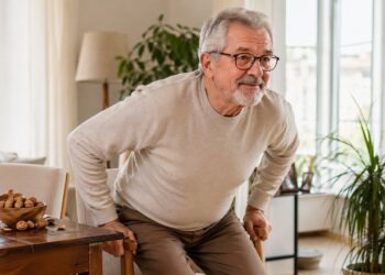 Pessoa mais velha se levantando com firmeza ao lado de alimentos ligados à produção de urolitina A.