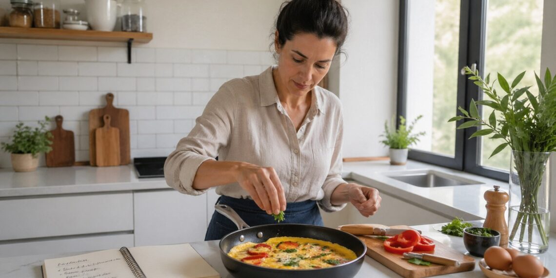 Ovos e legumes sendo preparados em uma rotina ligada à colina, memória e metabolismo.