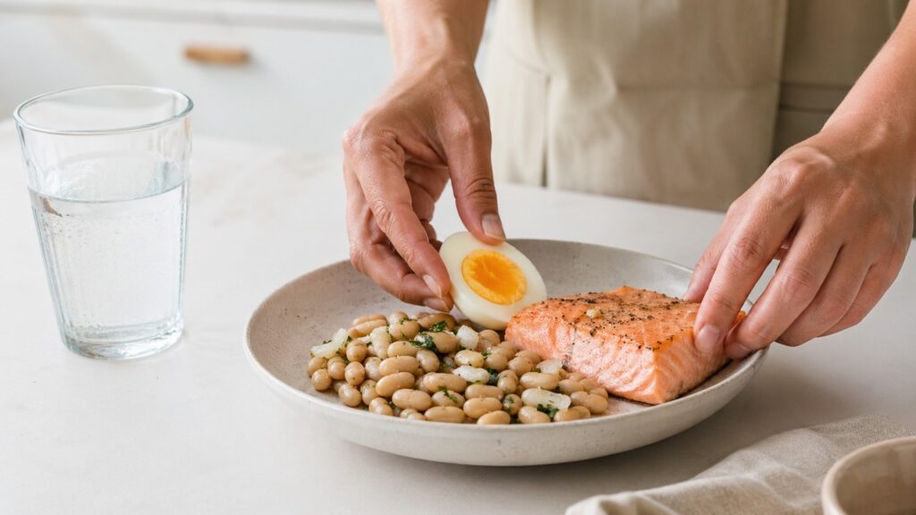 Prato com alimentos naturalmente ricos em colina para apoiar a alimentação diária.