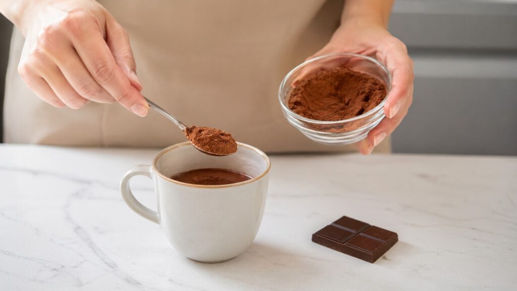 Cacau em pó sem açúcar sendo preparado como forma simples de consumo.