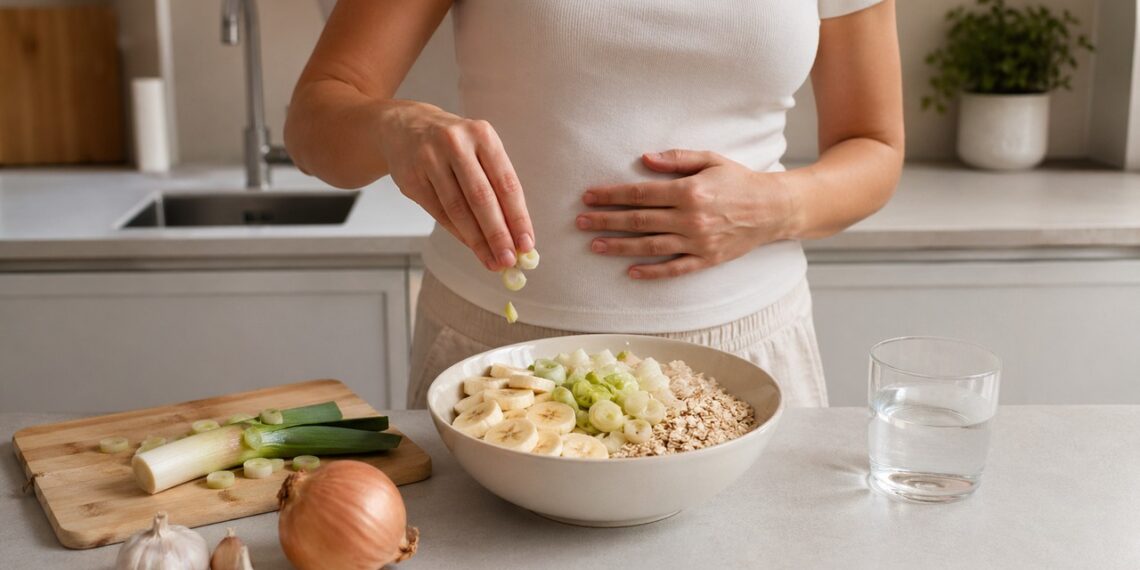 Alimentos com fibras prebióticas sendo preparados para apoiar a microbiota intestinal.