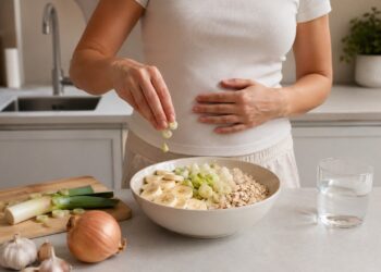 Alimentos com fibras prebióticas sendo preparados para apoiar a microbiota intestinal.