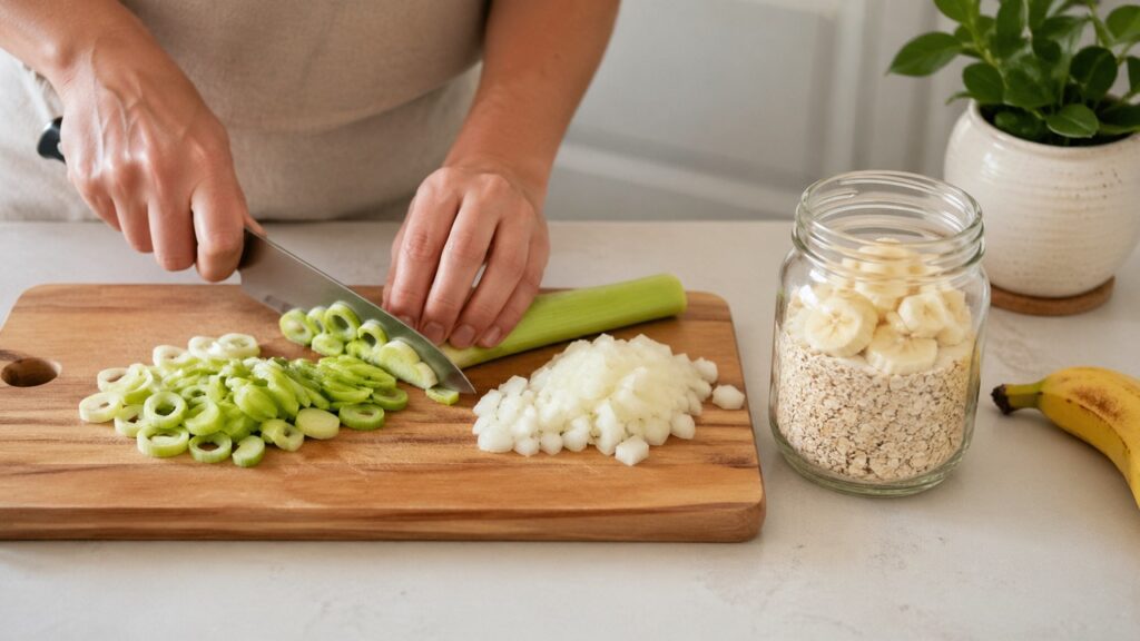 Alho-poró, cebola, aveia e banana como fontes alimentares de prebióticos.
