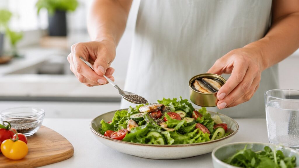 Prato com fontes de ômega-3 para apoiar uma alimentação equilibrada.