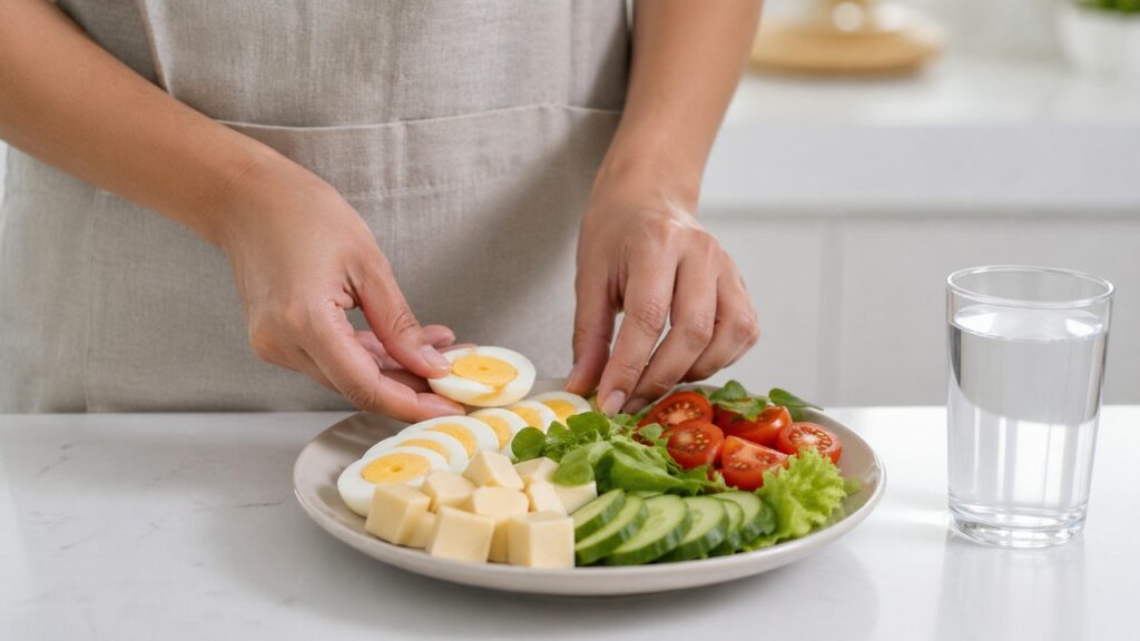 Prato com alimentos associados à vitamina K2 para apoiar a saúde óssea.