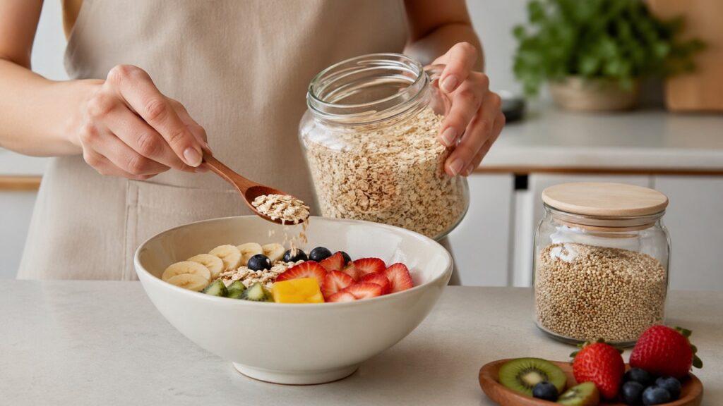 Aveia e quinoa em uma refeição simples com grãos integrais.