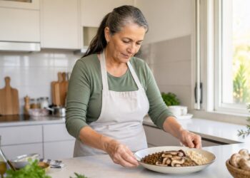 Alimentos com espermidina sendo preparados em uma rotina ligada ao envelhecimento saudável.