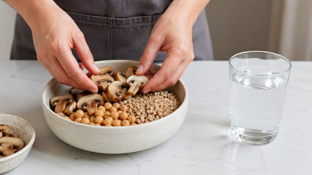 Tigela com alimentos associados à ingestão natural de espermidina.