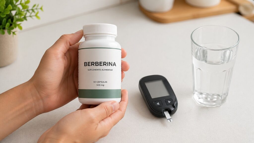 Frasco de berberina ao lado de medidor de glicose antes do uso como suplemento.