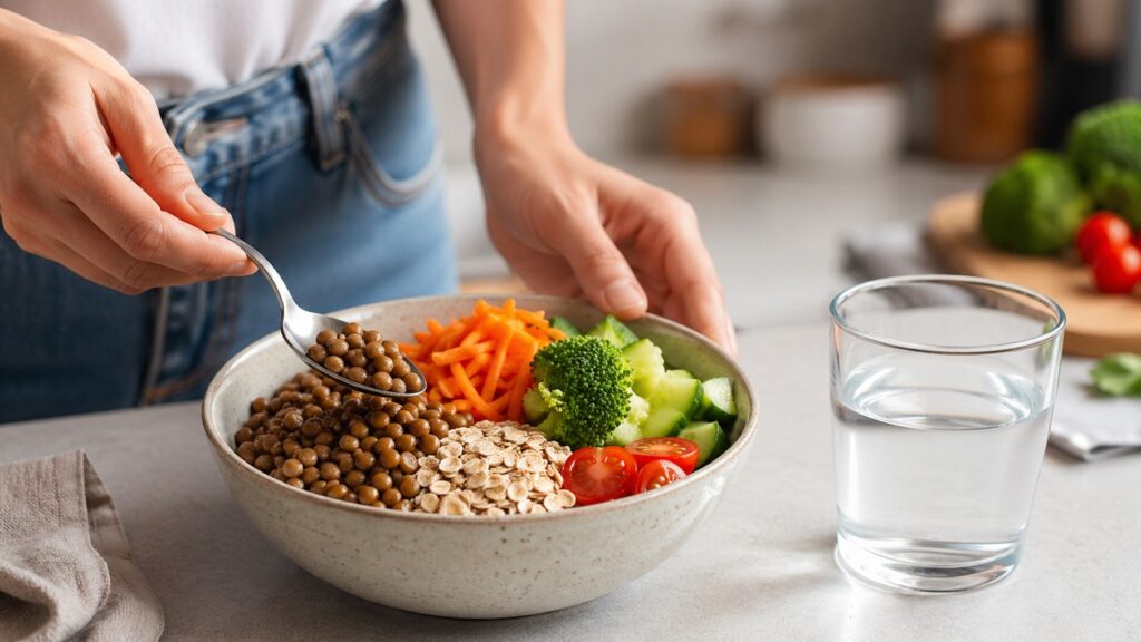 Tigela com fibras e prebióticos em uma rotina alimentar voltada ao intestino.