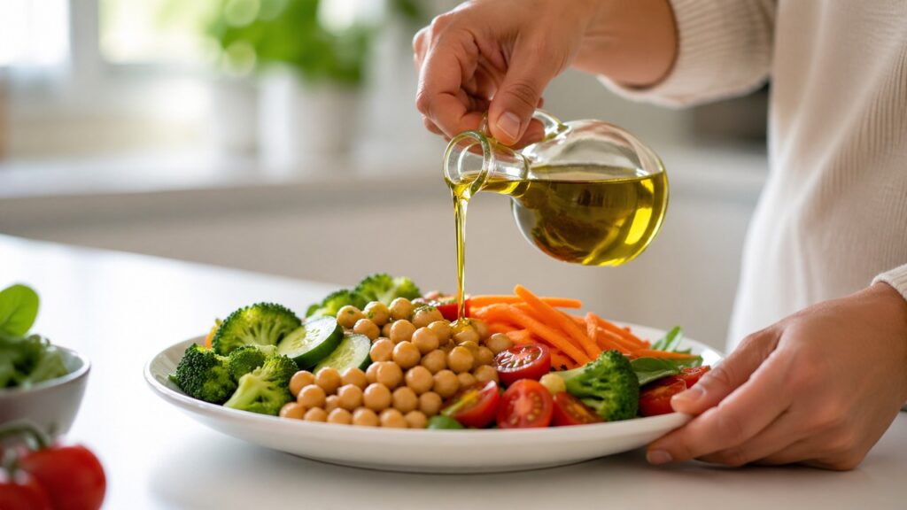 Azeite sendo usado em prato com legumes e grão-de-bico dentro de uma alimentação mediterrânea.