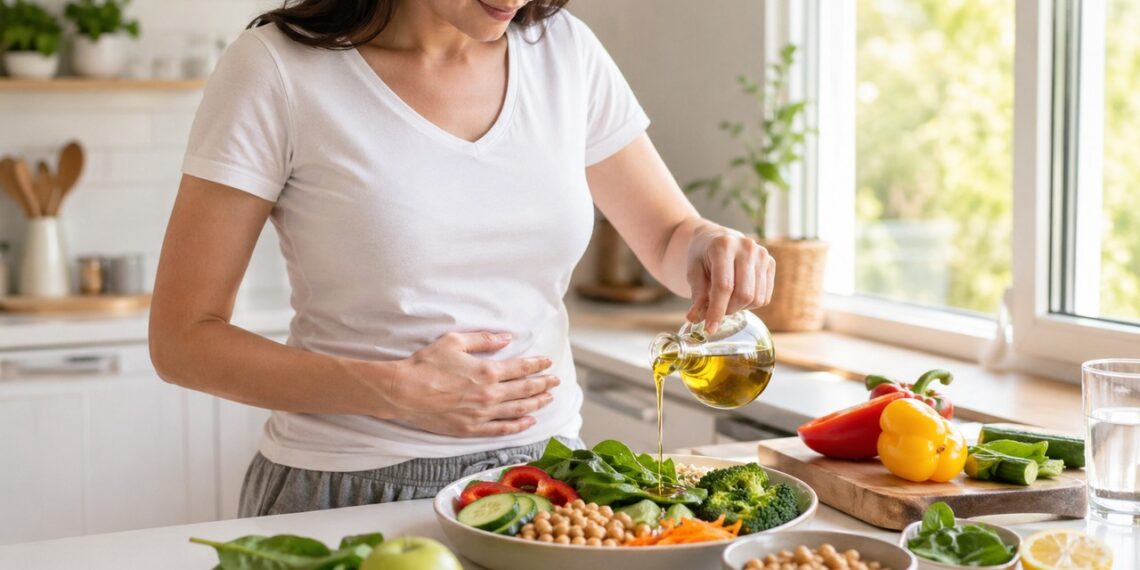 Refeição mediterrânea com azeite, legumes e leguminosas para apoiar o microbioma intestinal.