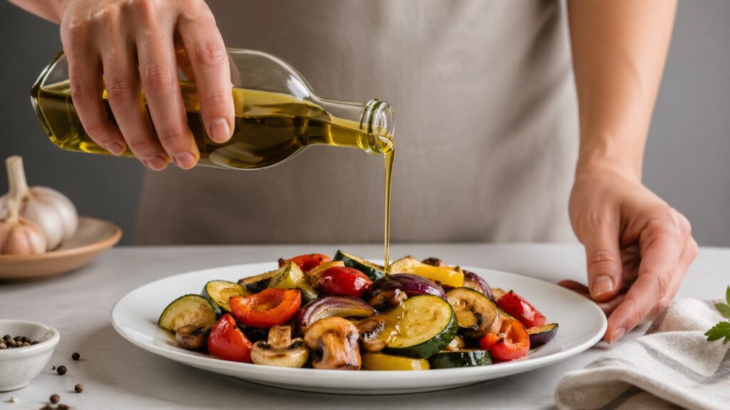Mãos temperando vegetais cozidos com azeite de oliva extravirgem.