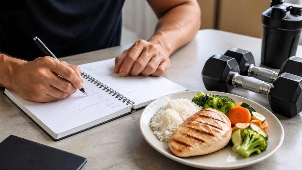 Registro de treino e refeição com proteína para acompanhar a preservação da massa muscular.