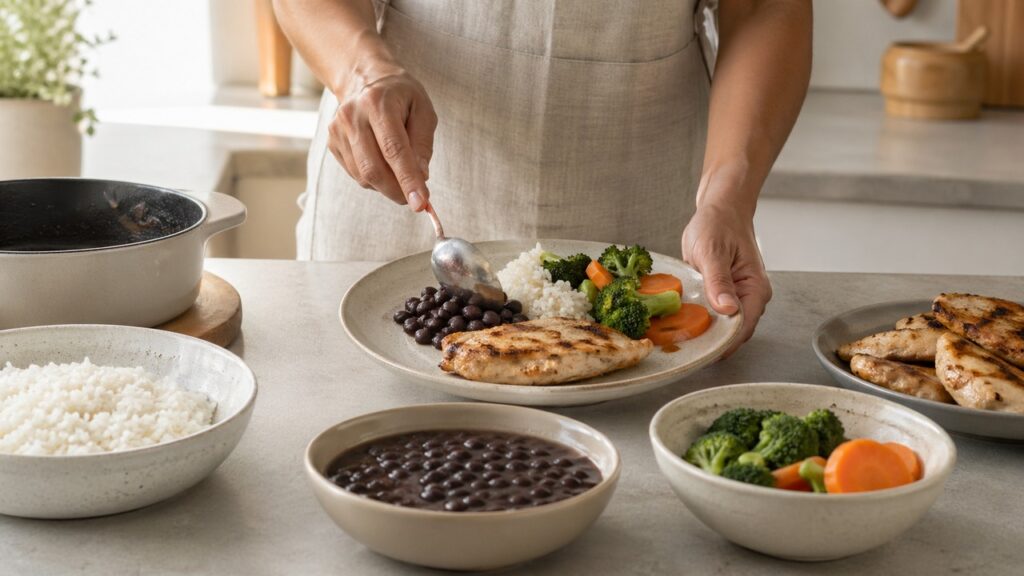 Mãos montando uma porção pequena com iogurte, aveia e banana.