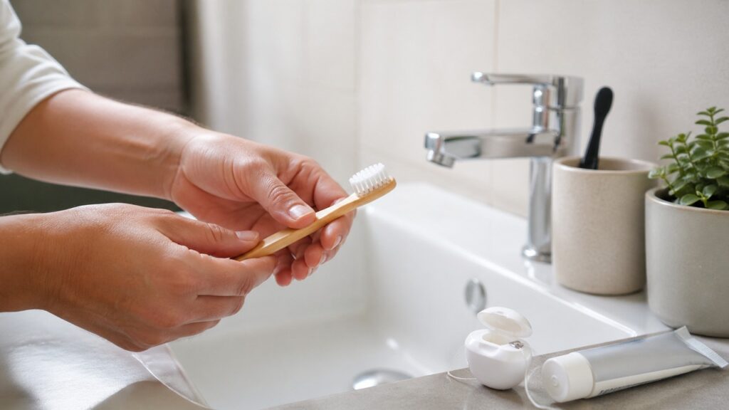 Mãos preparando escova e fio dental para reduzir placa bacteriana.