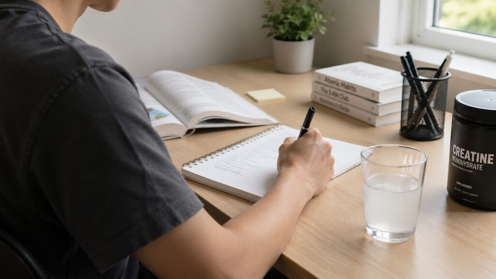 Mãos misturando creatina em água durante uma rotina de estudo.