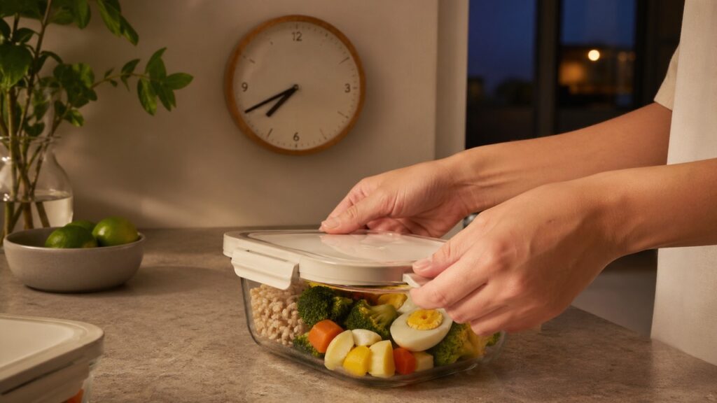 Mãos preparando um jantar leve em horário mais regular.