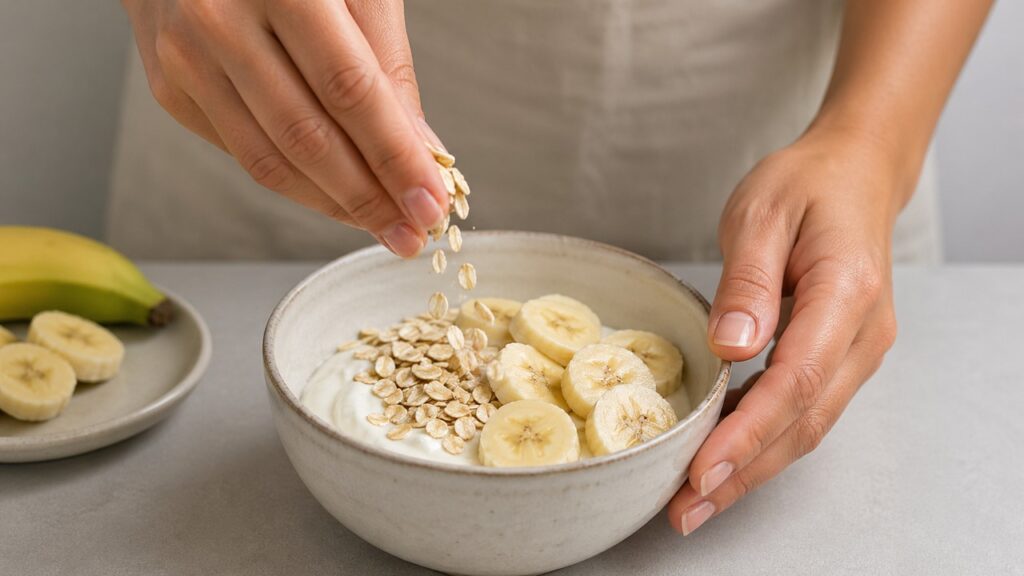 Mãos preparando uma tigela com aveia, iogurte natural e banana menos madura.