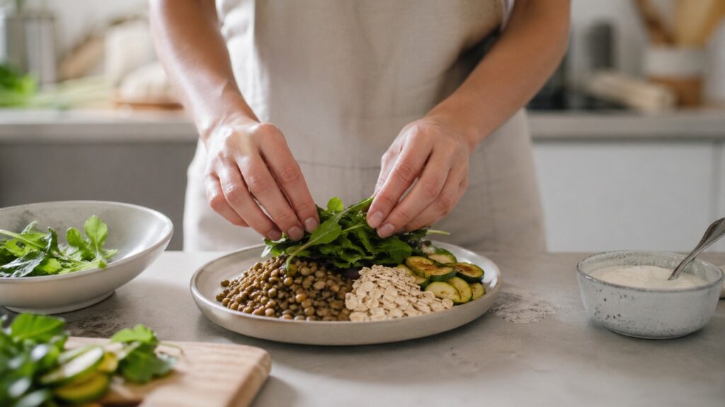 Mãos preparando iogurte natural com aveia, banana e sementes.