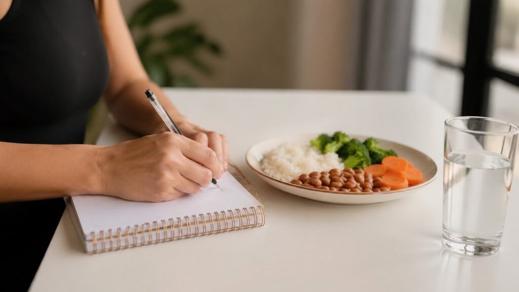 Registrar alimentos e sintomas ajuda a identificar padrões sem cortar grupos alimentares por conta própria.