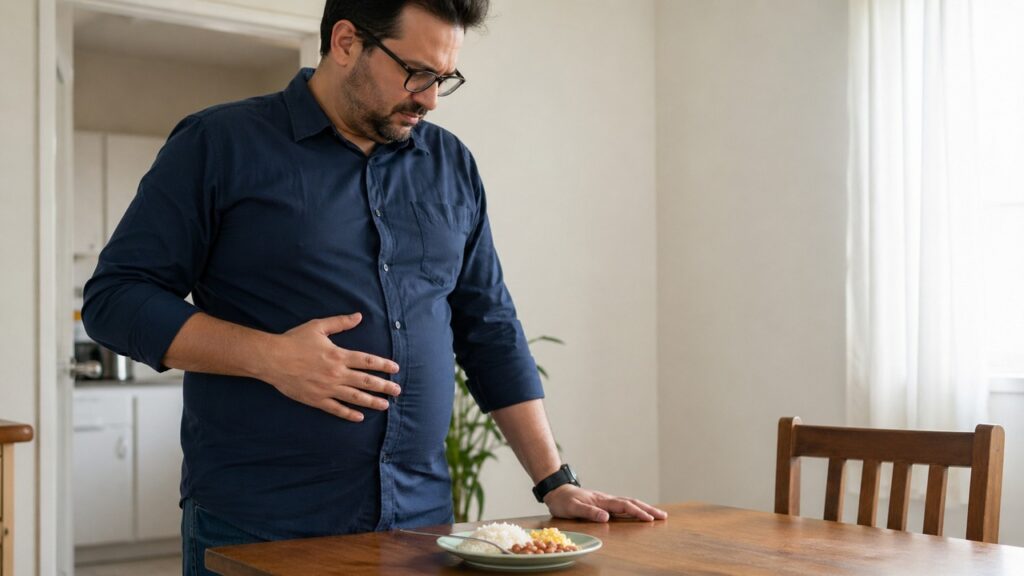 No SIBO, o inchaço pode aparecer mesmo após refeições comuns e causar distensão visível.