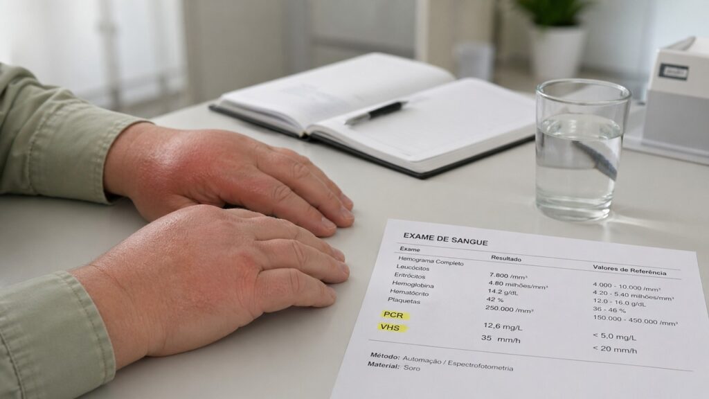 Exames e avaliação clínica ajudam a diferenciar rigidez comum de sinais de inflamação sistêmica.
