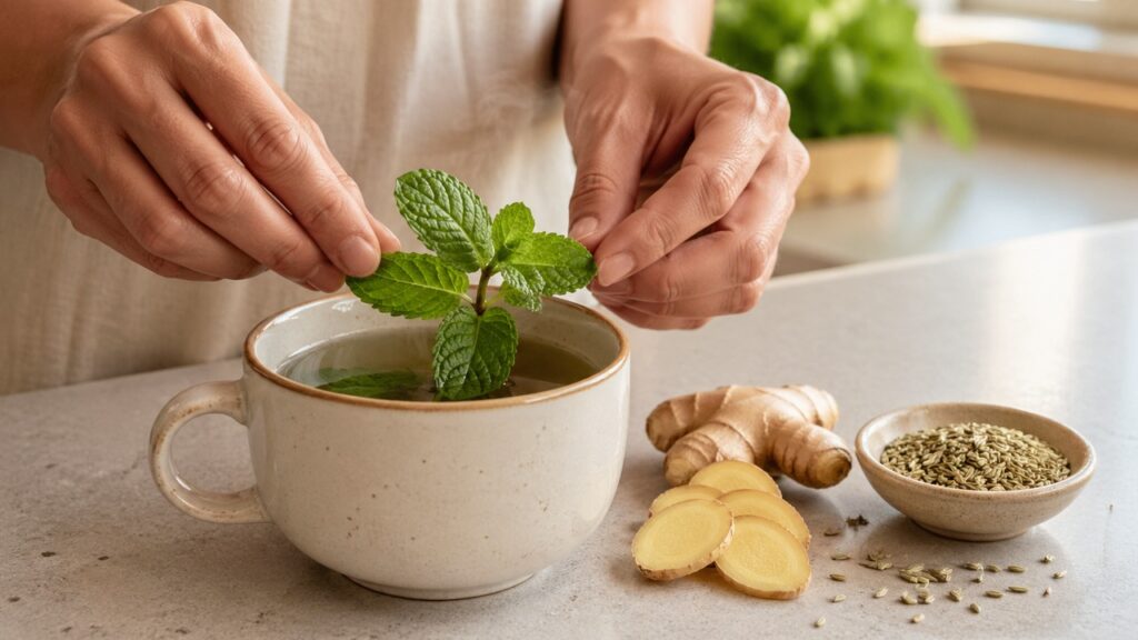 Hortelã, erva-doce e gengibre têm usos tradicionais para digestão lenta, cólicas e gases.