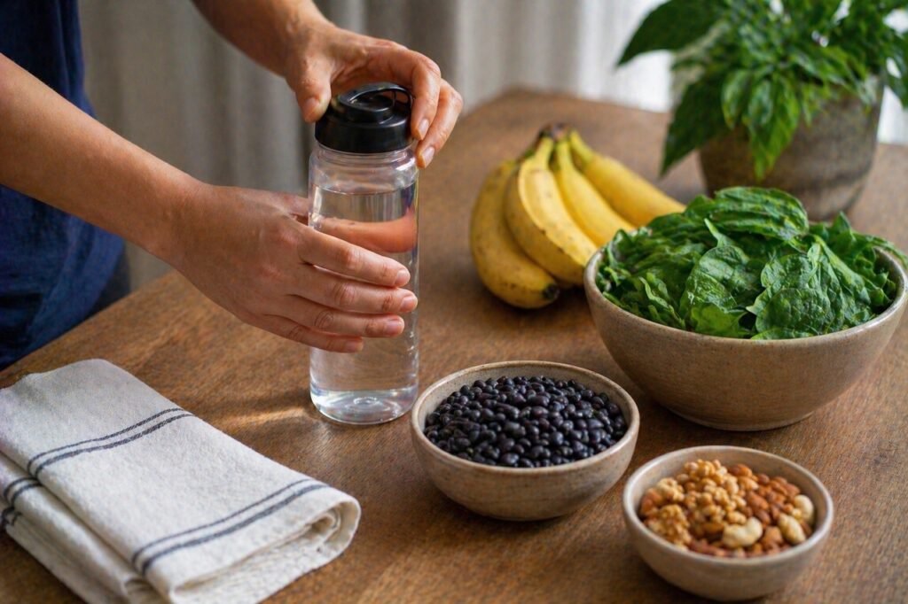 Hidratação e alimentos ricos em minerais ajudam a manter a contração muscular equilibrada.