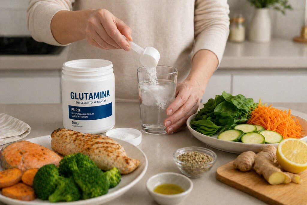 A glutamina pode apoiar a mucosa intestinal quando combinada com alimentação equilibrada.