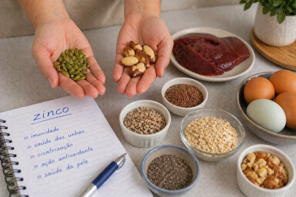 Uma alimentação rica em minerais ajuda a sustentar unhas, pele e defesa do organismo.
