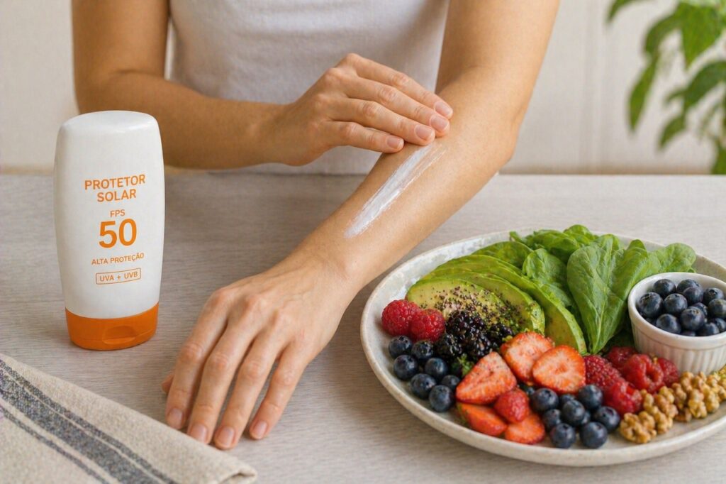 Proteção solar e alimentação antioxidante atuam juntas contra o envelhecimento precoce da pele.
