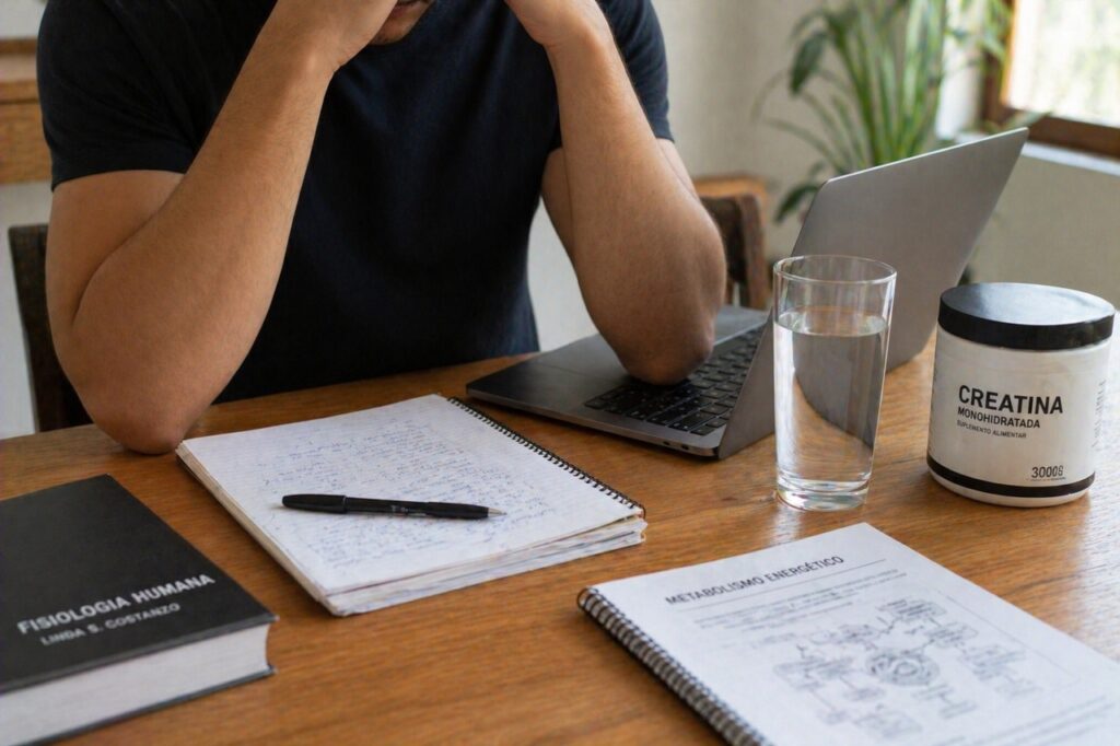 Pessoa sentada à mesa com caderno e notebook, mãos apoiadas na cabeça em postura de concentração, ao lado um copo de água e pote simples de creatina, ambiente iluminado, sensação de foco e energia sustentada, sem mostrar o rosto