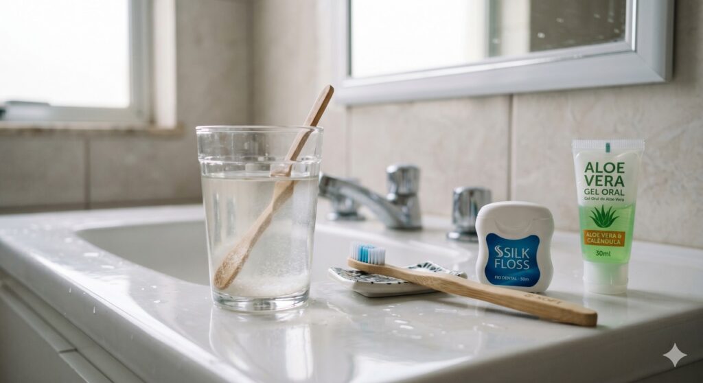 Água morna com sal, escova macia e fio dental em cena ligada ao alívio da gengiva inchada