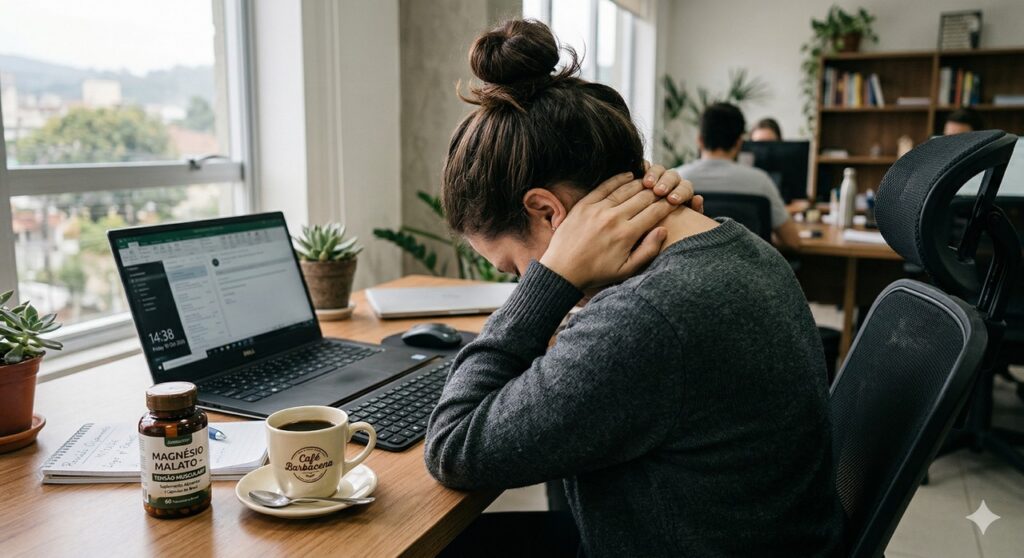 Cena realista que relaciona suplementação de magnésio, ansiedade e tensão muscular no trabalho