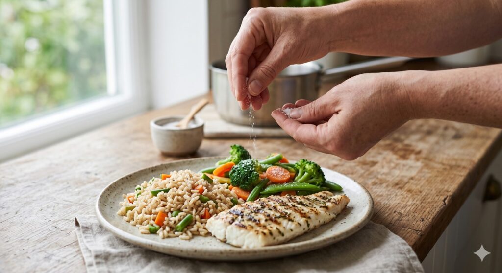 Mãos usando sal iodado com moderação em uma refeição simples.