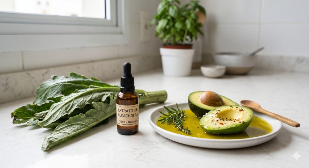 Folhas e extrato de alcachofra em cena que remete à bile, digestão de gorduras e saúde do fígado.