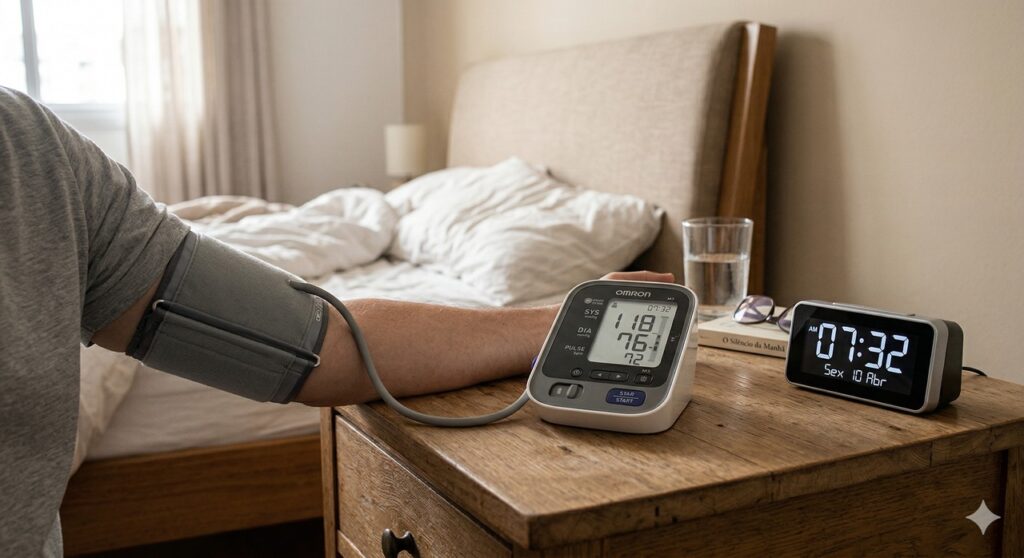 Cena realista que remete ao pico matinal de cortisol e à aferição correta da pressão