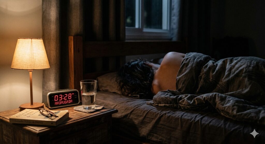 Ambiente noturno com despertador indicando sono curto e interrupções