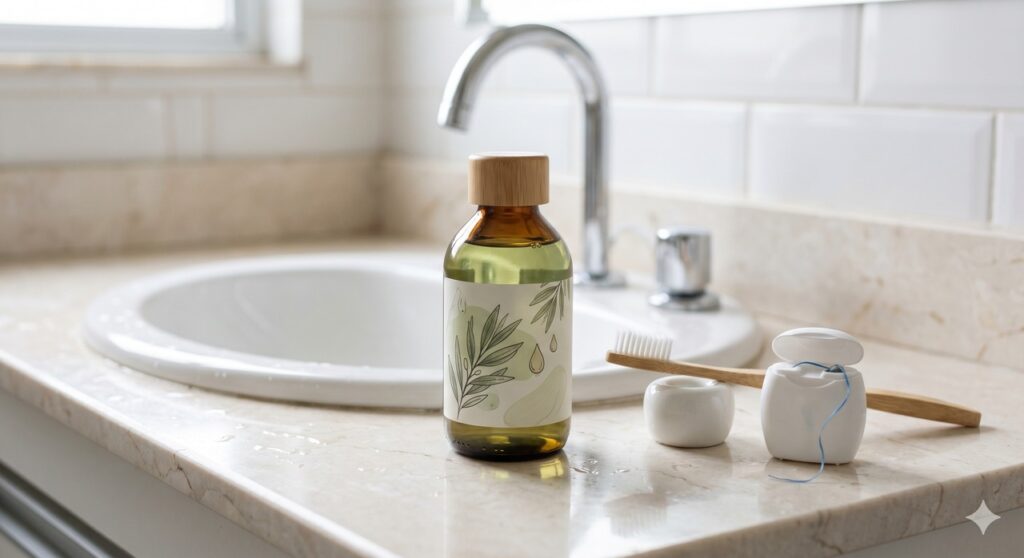 Produto bucal com melaleuca em uma rotina de apoio à higiene e ao cuidado da gengiva.