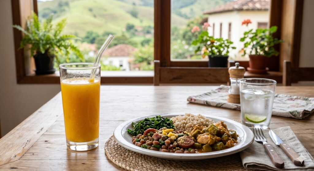 Suco cítrico servido junto da refeição em uma rotina com menor risco de erosão dentária.