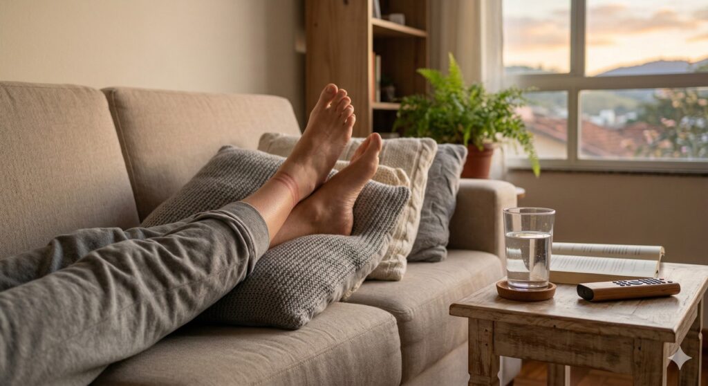 Pés e tornozelos elevados no fim da tarde ajudam a aliviar o inchaço