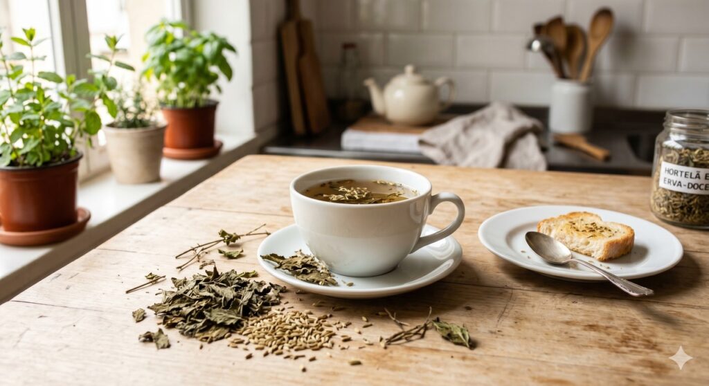 Chá de hortelã e erva-doce em cena simples ligada ao conforto digestivo