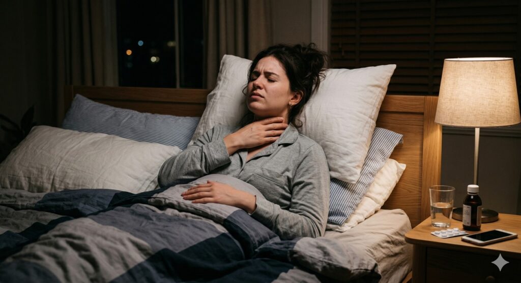 Pessoa deitada com a mão na garganta indicando ardência noturna