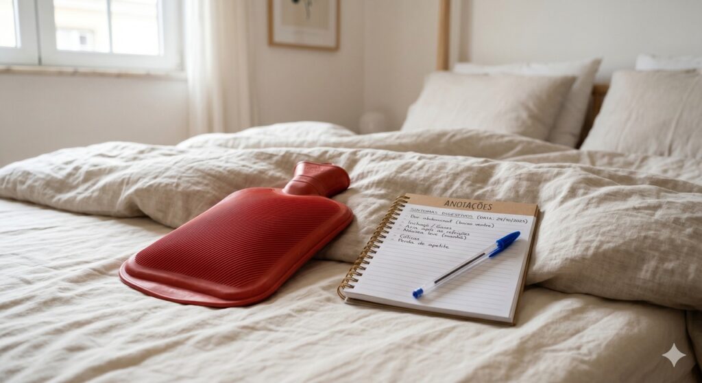 Itens simples que remetem ao acompanhamento de gases, dor abdominal e desconforto intestinal